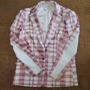 Dress The Population Long Sleeve Collared Plaid Blazer White/Pink Womens Size M